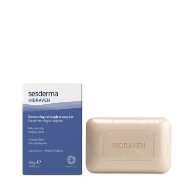 Barra de sabão Sesderma HIDRAVEN bege com embalagem azul e branca