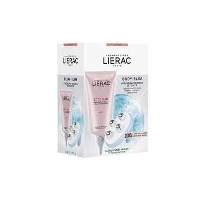 Embalagem e tubo de creme corporal Lierac BODY-SLIM com dispositivo branco de massagens