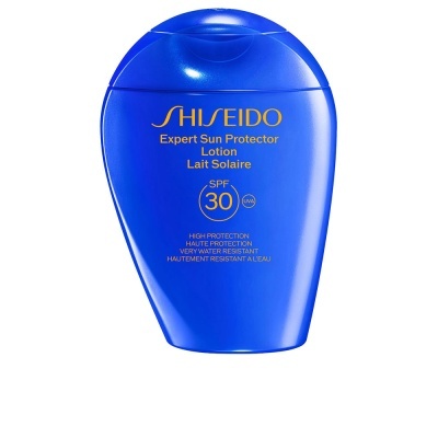 Embala azul de protetor solar SHISEIDO SPF 30 com texto dourado
