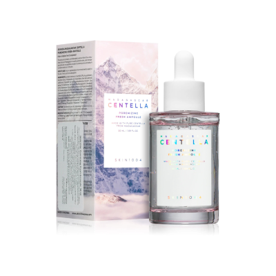 Frasco de sérum com conta-gotas e caixa com design de montanhas e textos holográficos