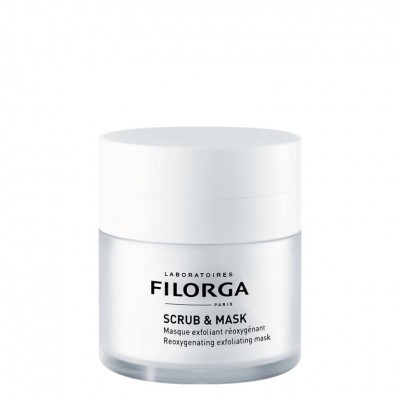 Embalagem branca e cinza do produto LABORATOIRES FILORGA SCRUB & MASK com texto preto