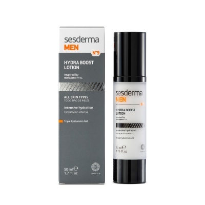 Loção Sesderma MEN Nº9 Hydra Boost com caixa cinza e branca, 50 ml