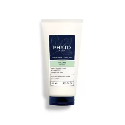 Condicionador volumizador PHYTOVOLUME PHYTO PARIS para cabelo fino, embalagem branca e azul