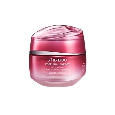 Frasco rosa de creme hidratante Shiseido Essential Energy com tampa translúcida