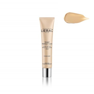 Tubo de maquilhagem líquida LIERAC TEINT PERFECT SKIN e amostra da cor beige nude