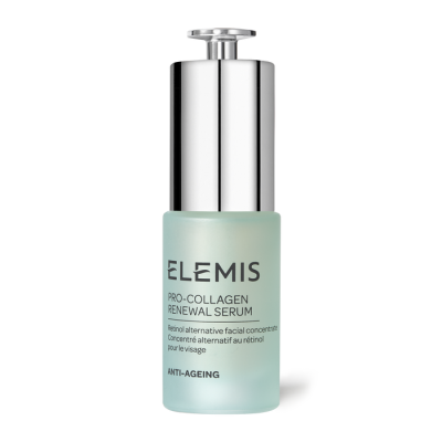 Frasco de sérum facial ELEMIS Pro-Collagen Renewal Serum com tampa prateada