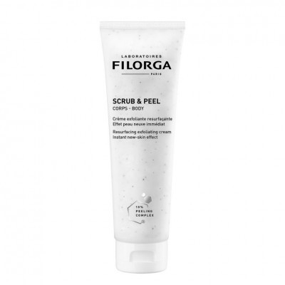 Creme esfoliante corporal Filorga Scrub & Peel em tubo branco com texto preto