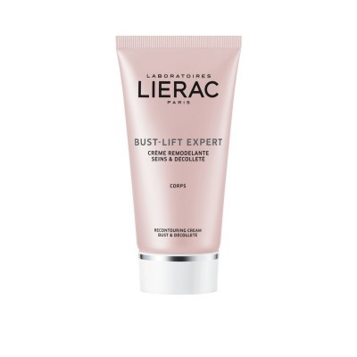 Tubo rosa claro de creme remodelante para busto e decote da Lierac com tampa branca e detalhes prateados