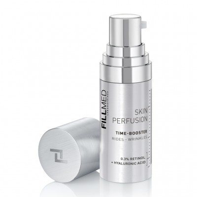 Frasco cosmético prateado Fillmed Skin Perfusion Time-Booster com tampa ao lado