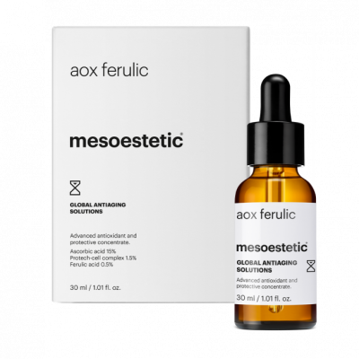 Frasco âmbar com conta-gotas e caixa branca do produto aox ferulic mesoestetic