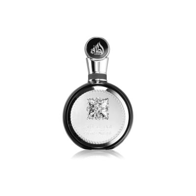 Frasco redondo de perfume prateado e preto com tampa prateada e logotipo preto