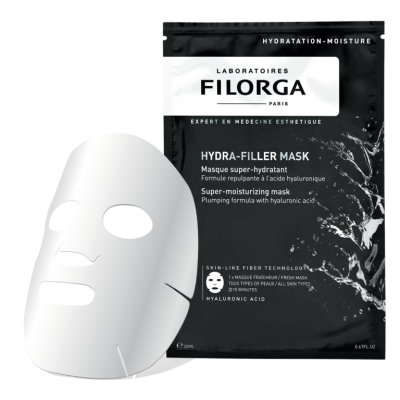 Máscara facial hidratante HYDRA-FILLER MASK da Filorga em embalagem preta
