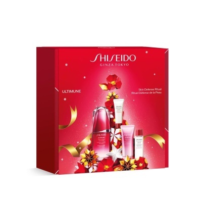 Conjunto de beleza Shiseido Ultimune em embalagem vermelha com frascos e tubos decorados