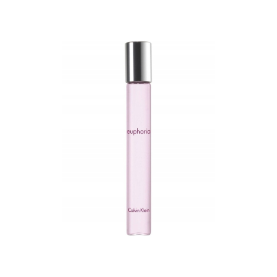 Frasco fino de perfume rosa com tampa prateada e texto 'euphoria Calvin Klein'