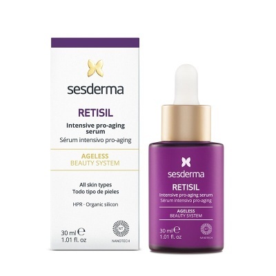Sérum anti-envelhecimento Sesderma Retisil com frasco roxo e caixa branca