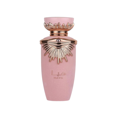 Frasco de perfume rosa com detalhes dourados