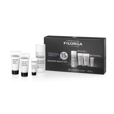 Conjunto Discovery Beauty Kit da Laboratoires Filorga com quatro produtos e caixa preta