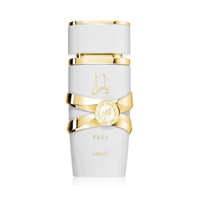 Frasco de perfume branco com detalhes dourados e texto YARA e Lattafa