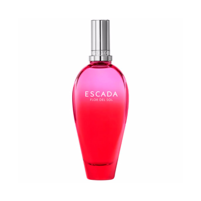 Frasco de perfume ESCADA Flor del Sol vermelho com tampa prateada