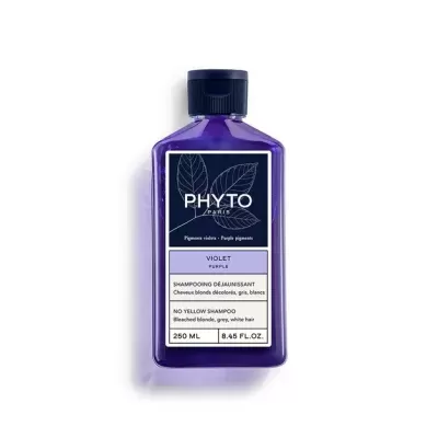 Frasco roxo translúcido de shampoo Phyto Paris com rótulo preto e branco