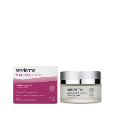 Creme nutritivo Sesderma ACGLICOLIC Classic com embalagem branca e rosa e frasco com tampa prata