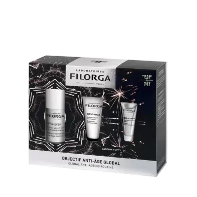 Conjunto de produtos para cuidados de pele FILORGA com embalagem preta e decoração de fogo de artifício
