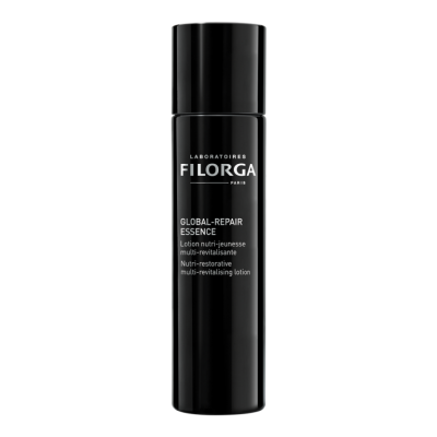 Frasco preto de loção cosmética FILORGA Global-Repair Essence