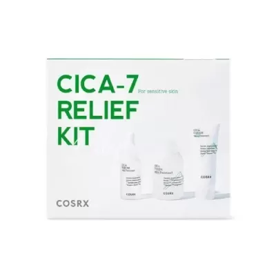 Kit CICA-7 RELIEF para pele sensível da COSRX numa caixa branca com três produtos