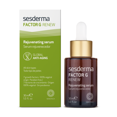 Frasco de sérum rejuvenescedor Sesderma FACTOR G RENEW com embalagem verde e branca