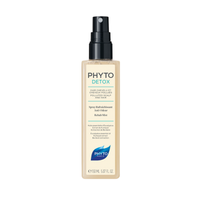 Frasco de spray Phyto Detox bege com tampa preta e texto em francês.