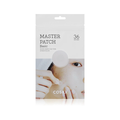 Embalagem branca do produto MASTER PATCH Basic, 36 patches, marca COSRX, com imagem aplicação no rosto.