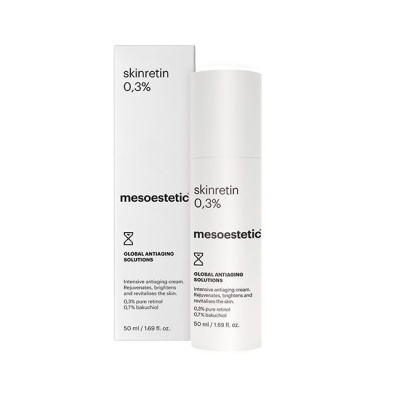 Creme antienvelhecimento mesoestetic skinretin 0,3%, embalagem branca com texto preto