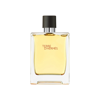 Frasco de perfume Terre d'Hermès com líquido amarelo e tampa preta