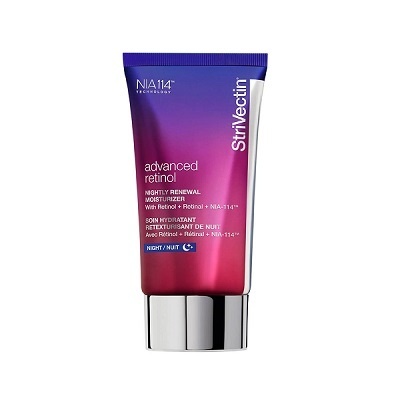 Creme hidratante noturno StriVectin Advanced Retinol em tubo roxo e rosa com tampa prata.