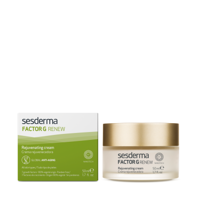 Creme rejuvenecedor Sesderma Factor G Renew 50ml com embalagem branca e verde e tampa dourada