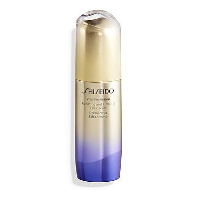 Frasco de creme Shiseido Vital Perfection dourado e roxo com tampa transparente