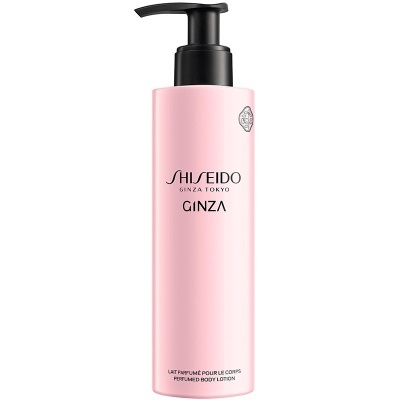 Frasco rosa de loção corporal perfumada Shiseido Ginza com tampa dispensadora preta