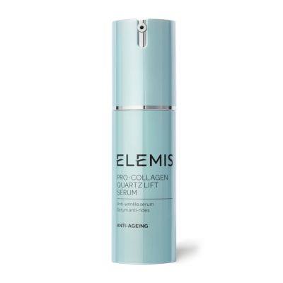 Frasco azul-claro de sérum Pro-Collagen Quartz Lift da ELEMIS com tampa e válvula pump.