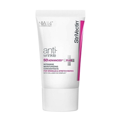 Frasco branco de creme anti-rugas StriVectin SD Advanced Plus com texto preto e roxo