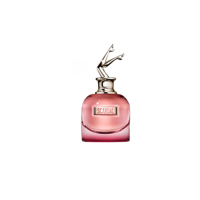 Frasco de perfume rosa com tampa dourada e pernas femininas decorativas
