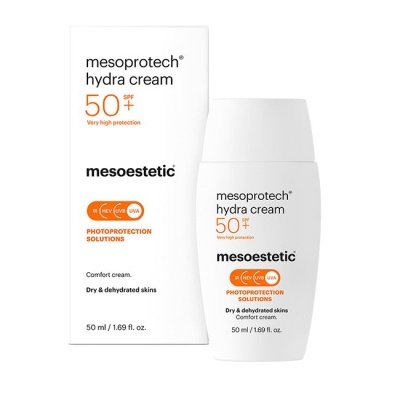Frasco e caixa branca do creme hidratante mesoprotect hydra cream SPF 50+