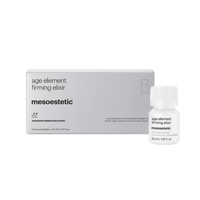 Frasco e caixa branca do age element firming elixir da mesoestetic