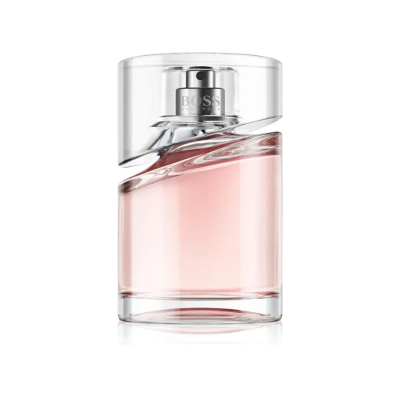 Frasco transparente de perfume com líquido rosa e tampa curva