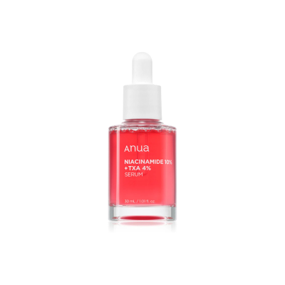 Frasco de sérum vermelho com conta-gotas branco e texto branco anua NIACINAMIDE 10% + TXA 4% SERUM