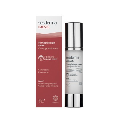 Gel-creme facial firme Sesderma DAESES em embalagem caixa branca e vermelha com frasco branco e tampa prateada
