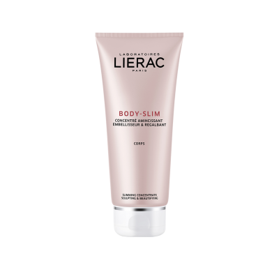 Tubo de creme rosa claro Body-Slim da Lierac Paris com tampa branca e texto em preto e vermelho