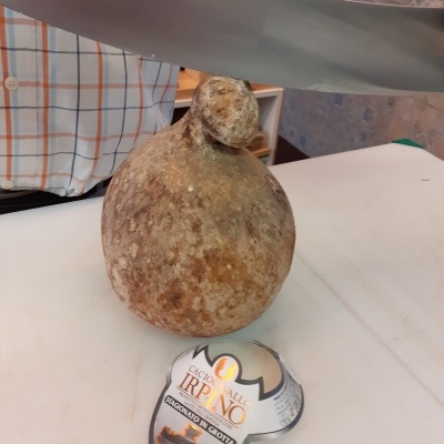 Queijo Caciocavallo Irpino envelhecido com faca grande em fundo branco