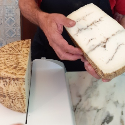 Queijo redondo com casca castanha e interior branco com veios castanhos segurado por pessoa junto a lâmina branca sobre bancada de mármore