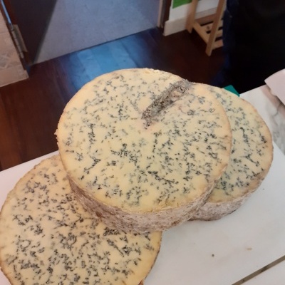 Três queijos redondos com veios azulados