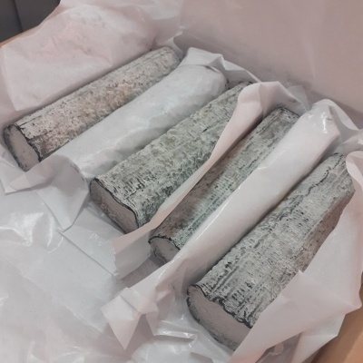 Cinco logs decorativos com padrão de madeira em caixa de papelão.